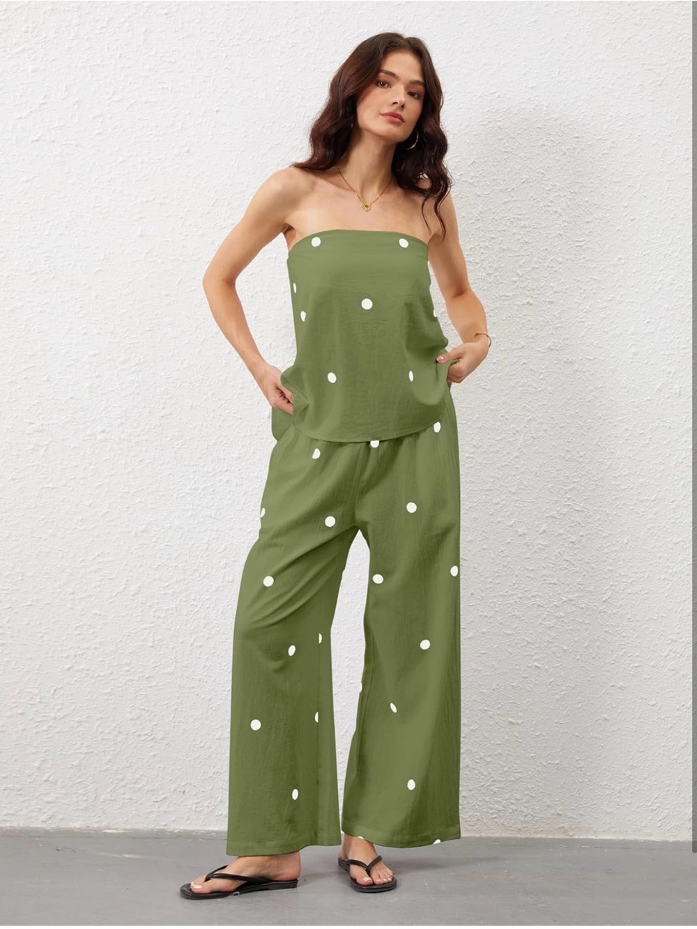 Olive Green Polka Dot Strapless Wide-Leg Pant Set